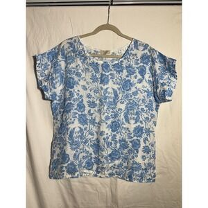 Bellambia Women's Linen Short Sleeve‎ Top Size Small White Blue Floral P19